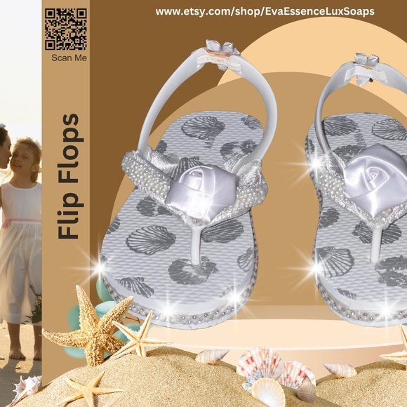 Child Flip Flops, Sliver Sea Shells, Childs Flip Flop Beach Sandal, Youth Shoes - Picture 9 of 16